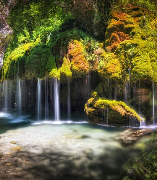 Cascata con muschio verde brillante in un ambiente naturale incantevole.