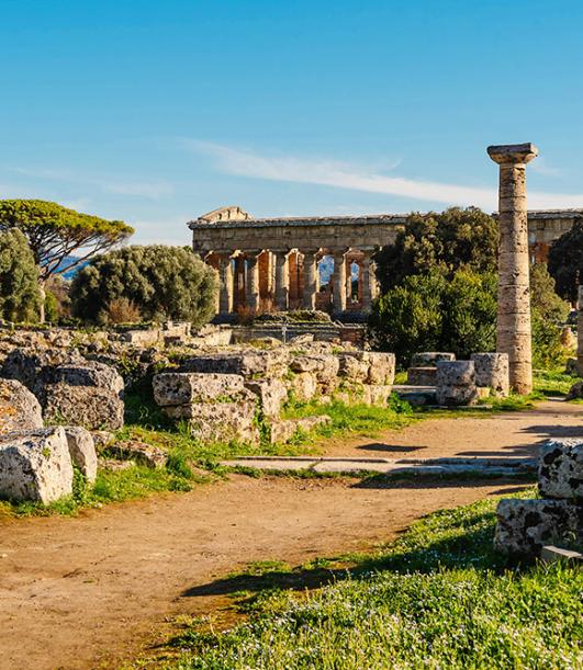 Rovine di un tempio antico con colonne in un paesaggio verde e soleggiato.