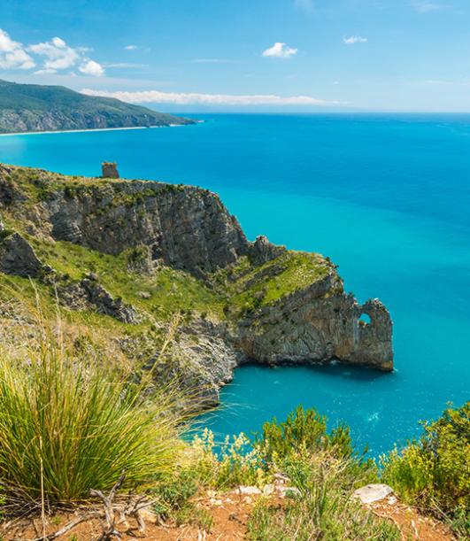 Scogliera panoramica e mare turchese, con vegetazione rigogliosa e cielo sereno.