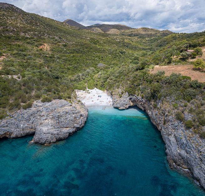 Spiaggia nascosta tra scogli e vegetazione, con acque cristalline e sabbia bianca.